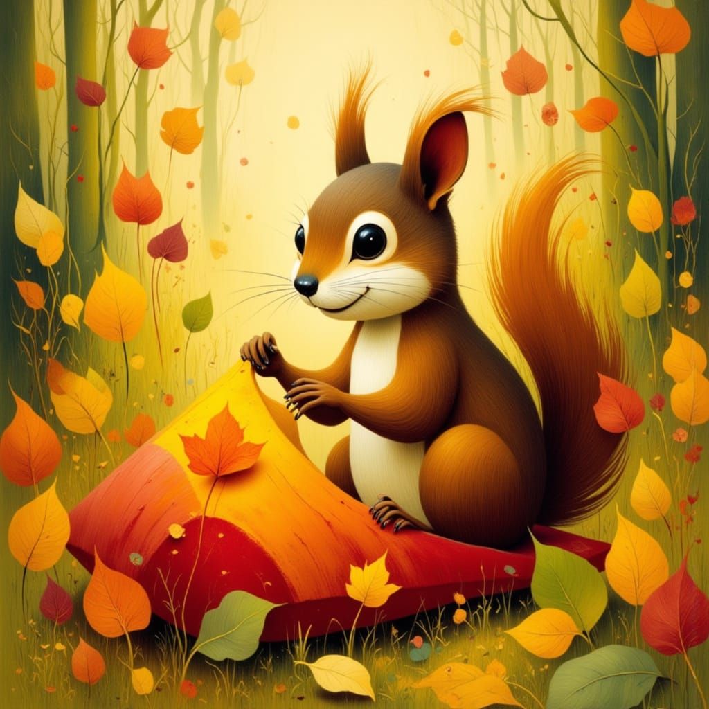 Squirrel Arranges Leaves in Golden Hour Light