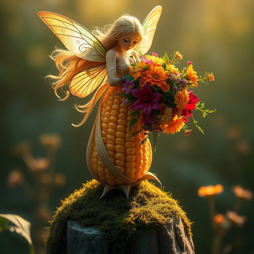 Golden-Haired Fairy with Flowers on Pedestal