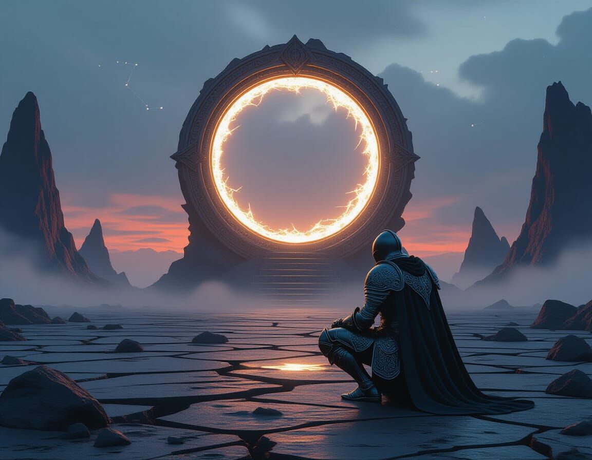 Knight Kneeling Before Volcanic Portal in Dark Fantasy Style