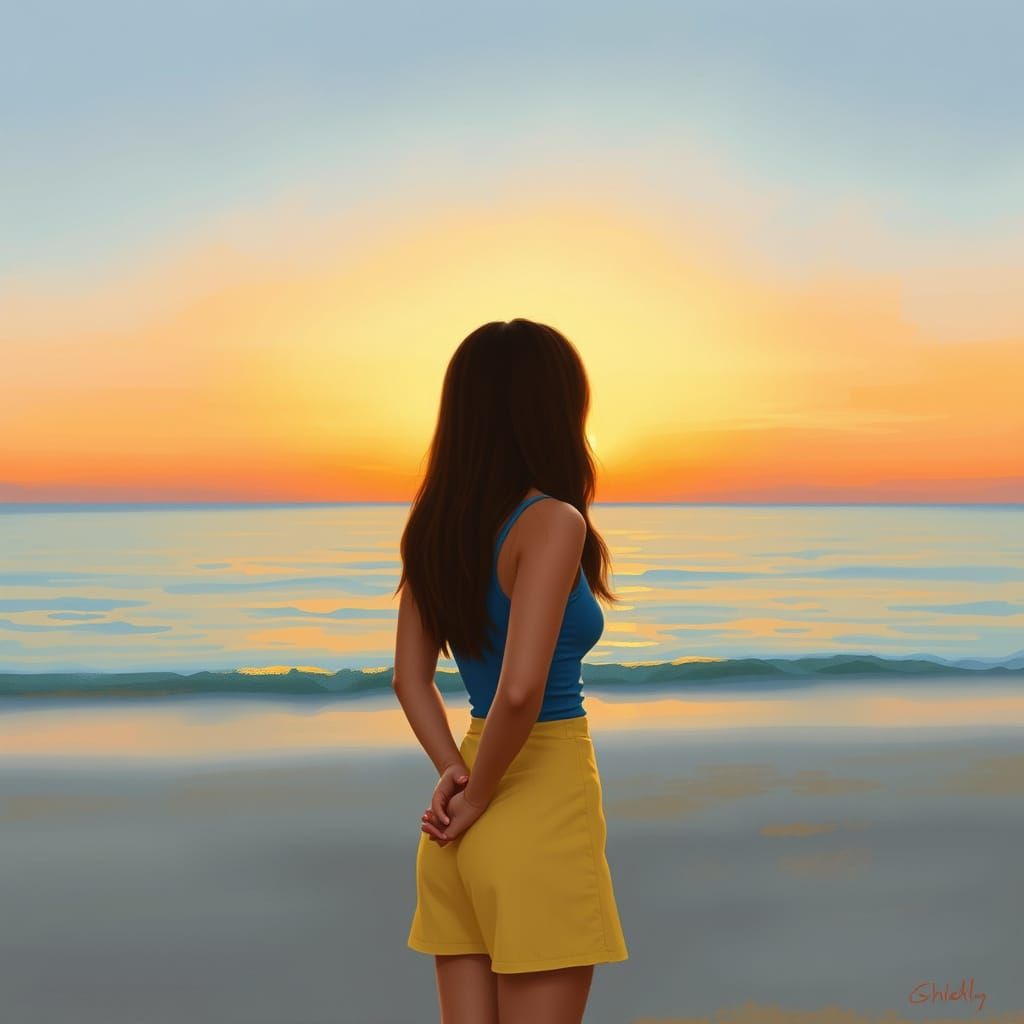 Woman Watching Sunset on a Quiet Beach