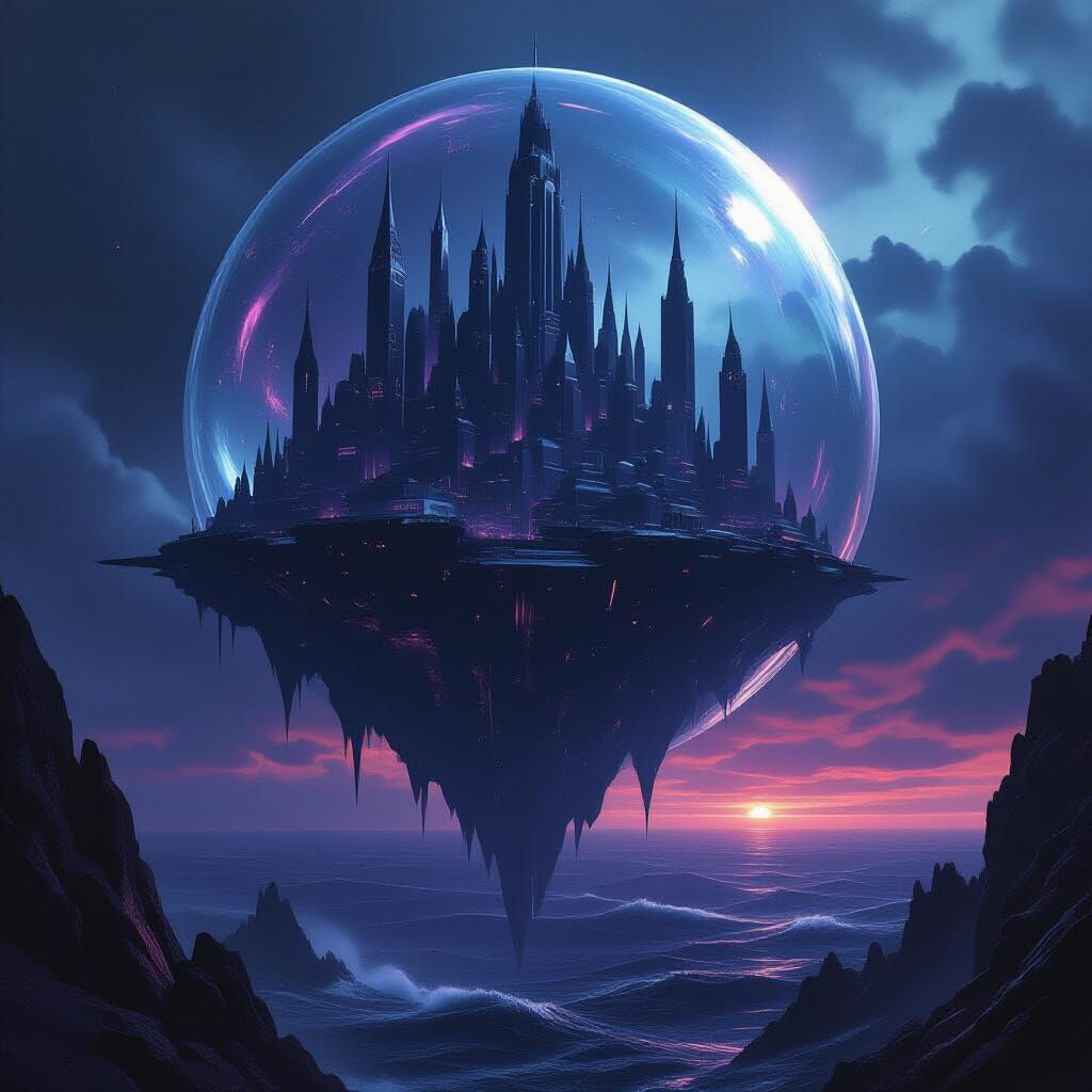Ominous Fantasy City in Black Crystal Bubble