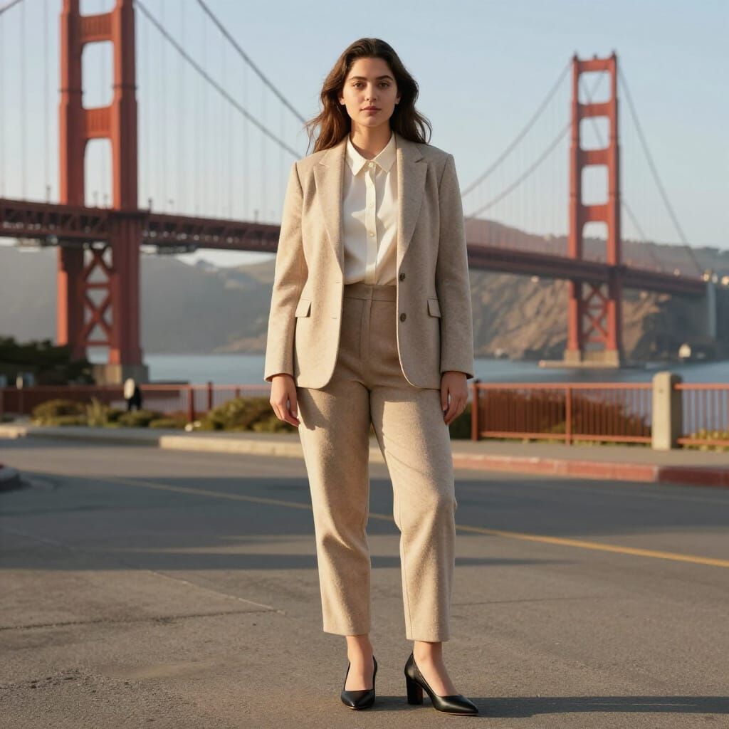 Woman in Beige Suit by Golden Gate Bridge