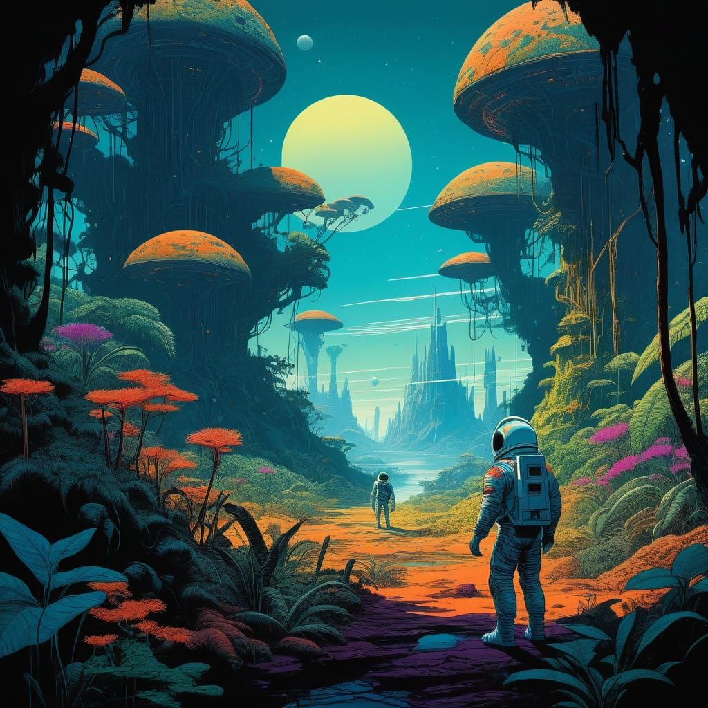 Astronaut Explores Vibrant Alien Jungle in Retro Sci-Fi Styl...