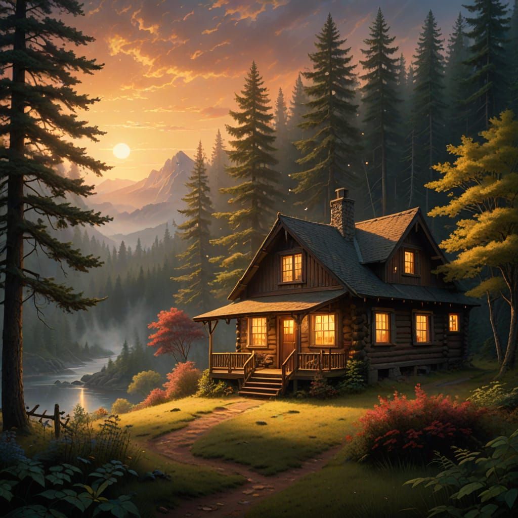 Ethereal Cabin in Woods Under Midnight Sun