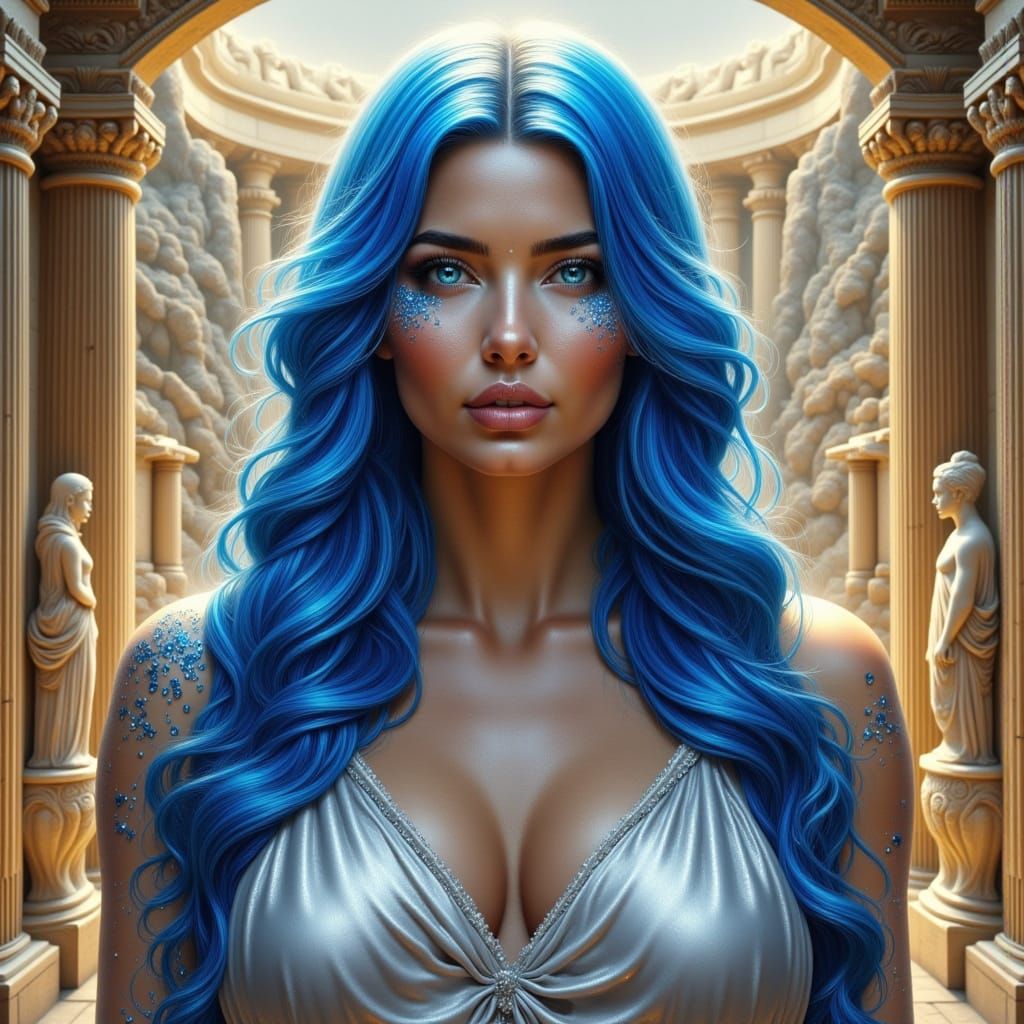 Blue-Haired Woman in Grand Greek Theatre, Hyperrealistic Dig...