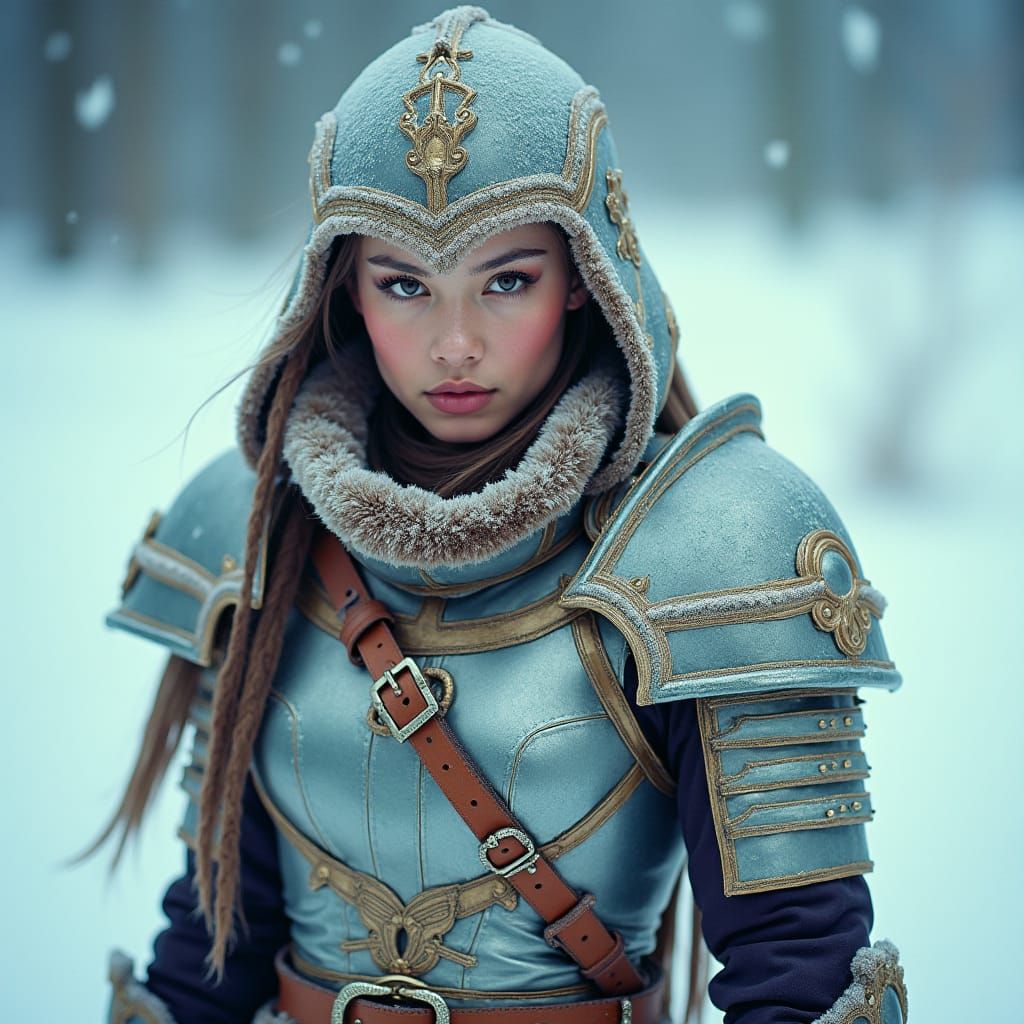 Icy Warrior in Streetwear Armor: Polaroid Portrait