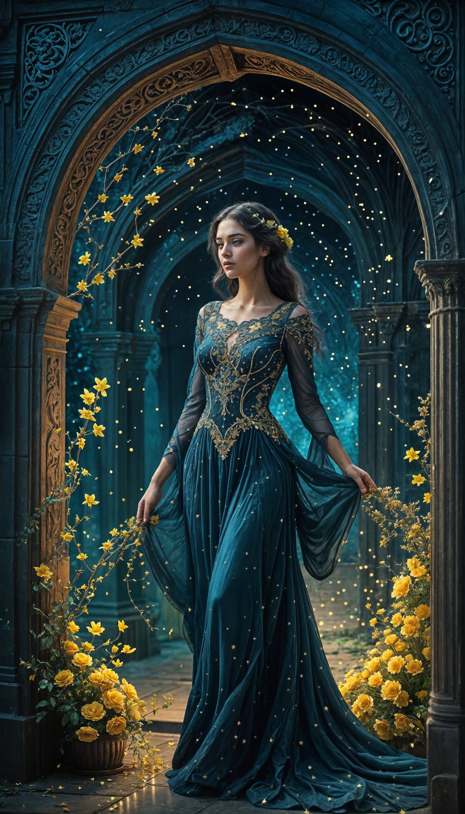 Elegant European Woman in Ornate Archway with Star-Shaped Fl...