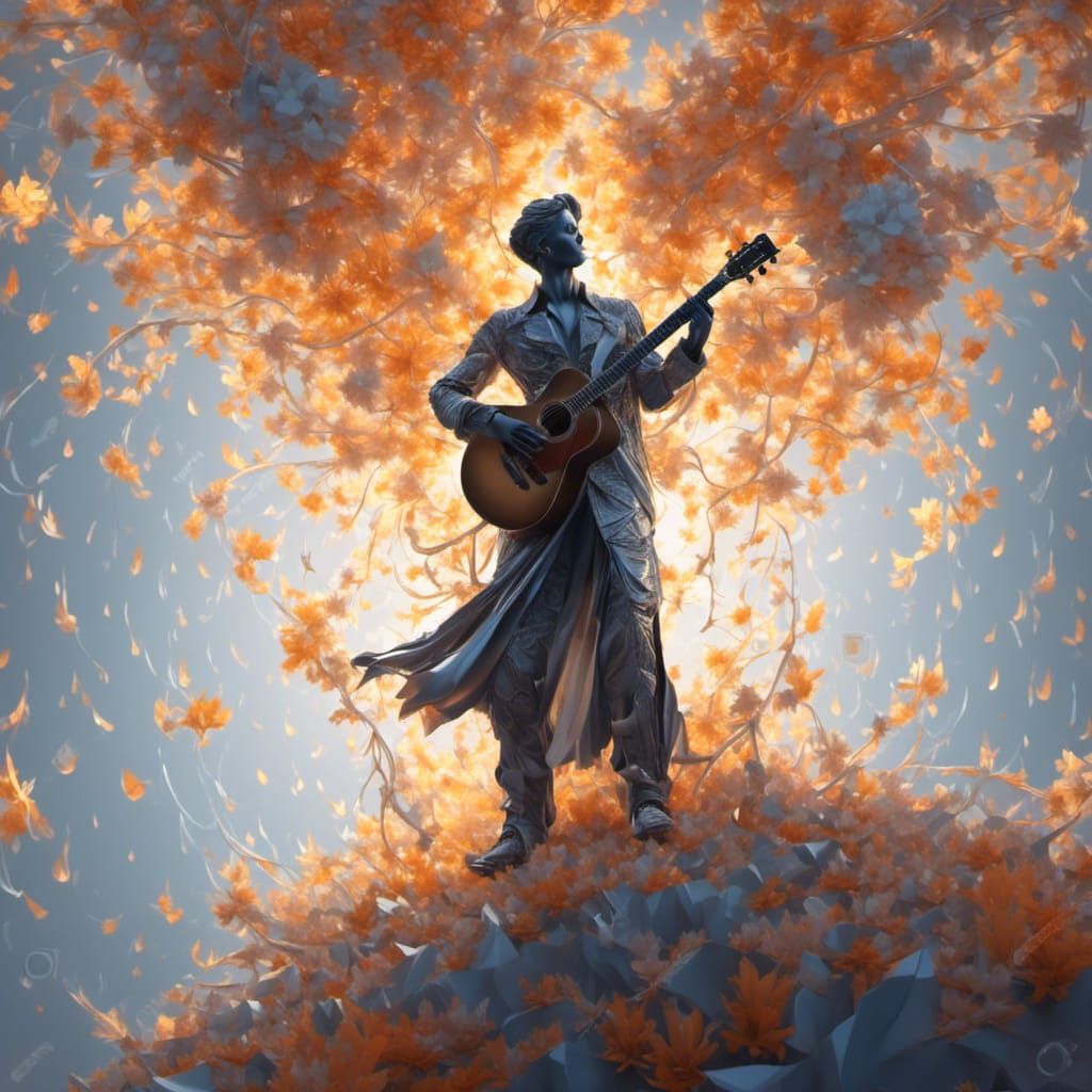 Transparent Man Playing Guitar with Four Seasons