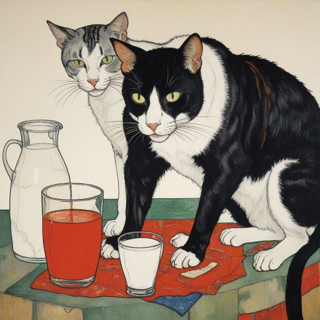 Cat Drinks Milk in Expressionist Surrealism