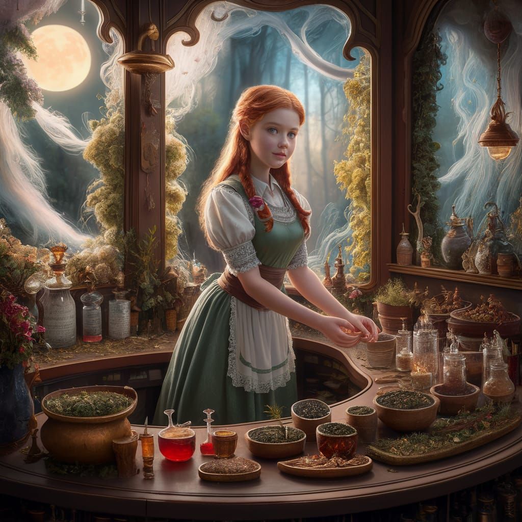 Fantasy Herbal Shopkeeper in Kinkade Style