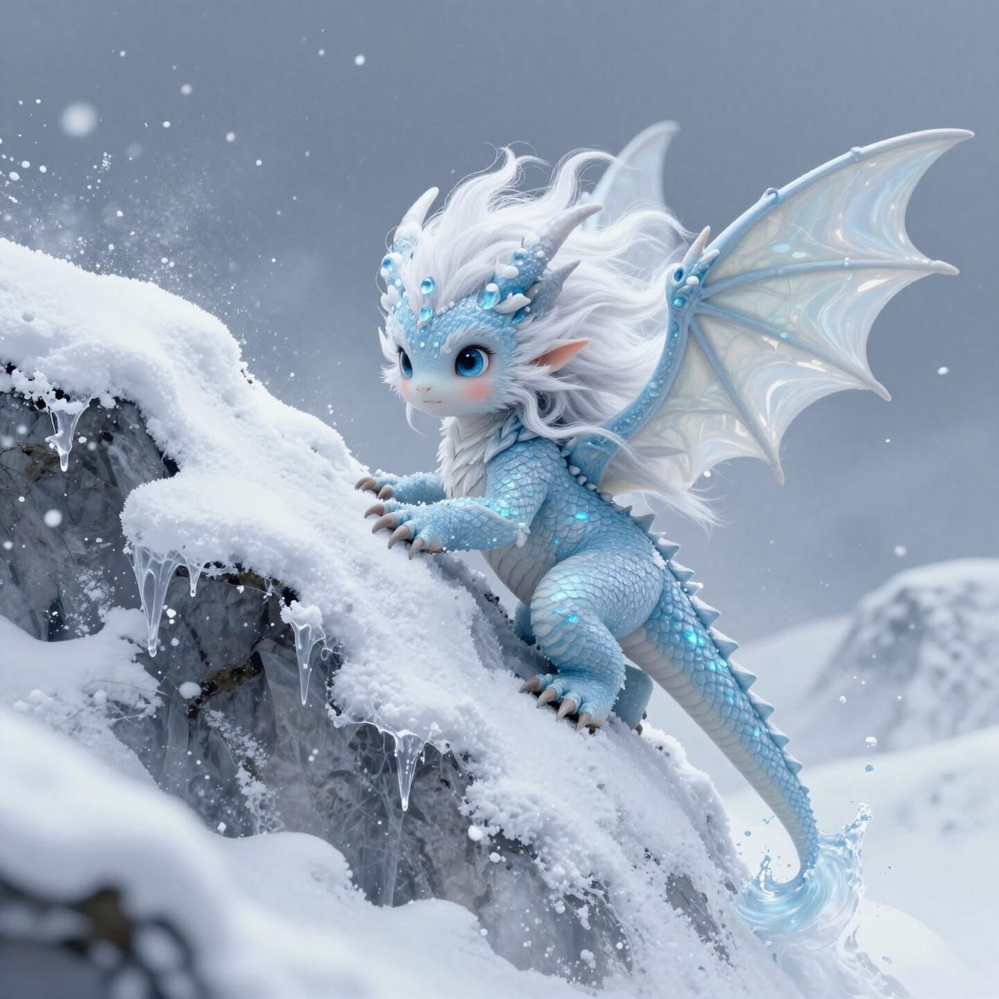 Cute Baby Yeti-Dragon Climbing Snowy Mountain