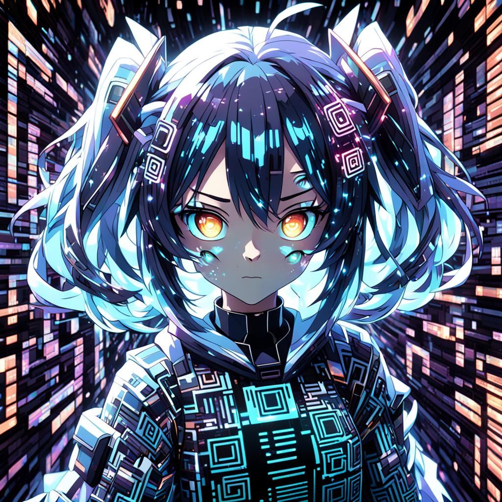 Crunchyroll anime girl, glitched and binary patterns, GALAXY...