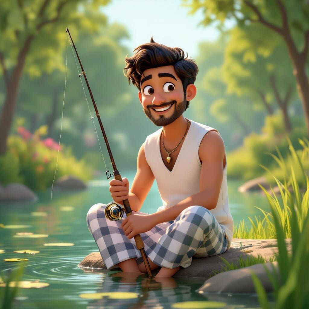 Young Man Fishing by Pond in Sunny Afternoon 3D Cartoon Styl...