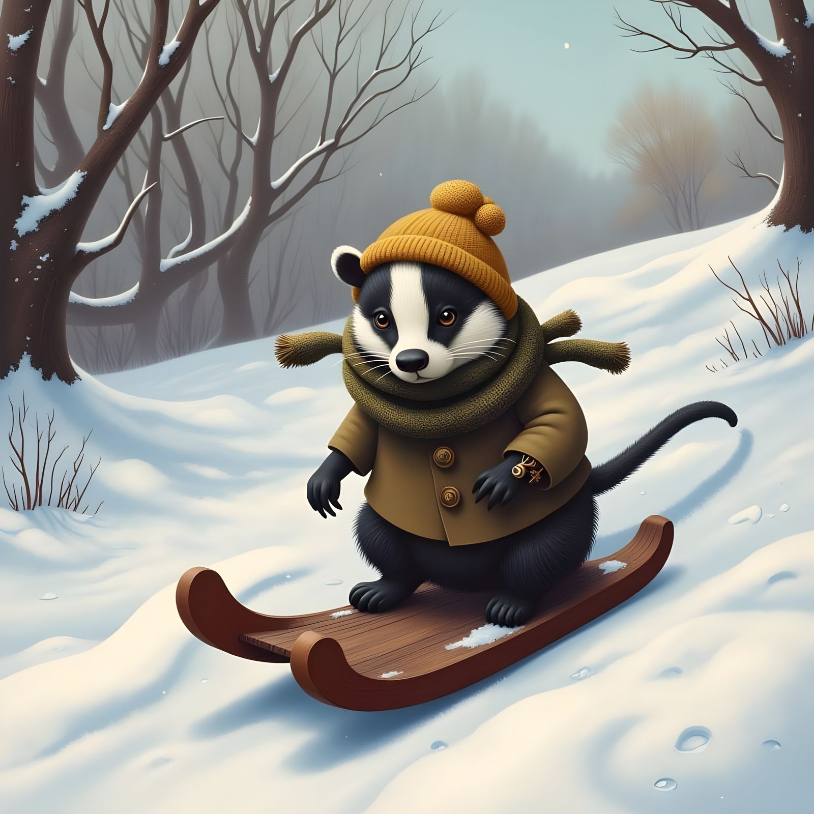 Winter Badger's Joyful Sled Ride in Vibrant Colors