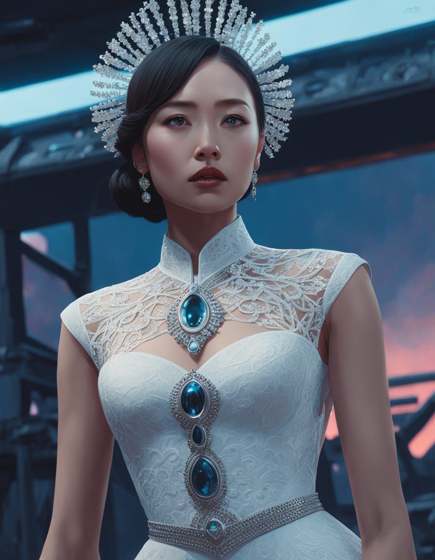 Japanese Model in Lace and Jewels, Neo-Futuristic Sci-Fi Rea...
