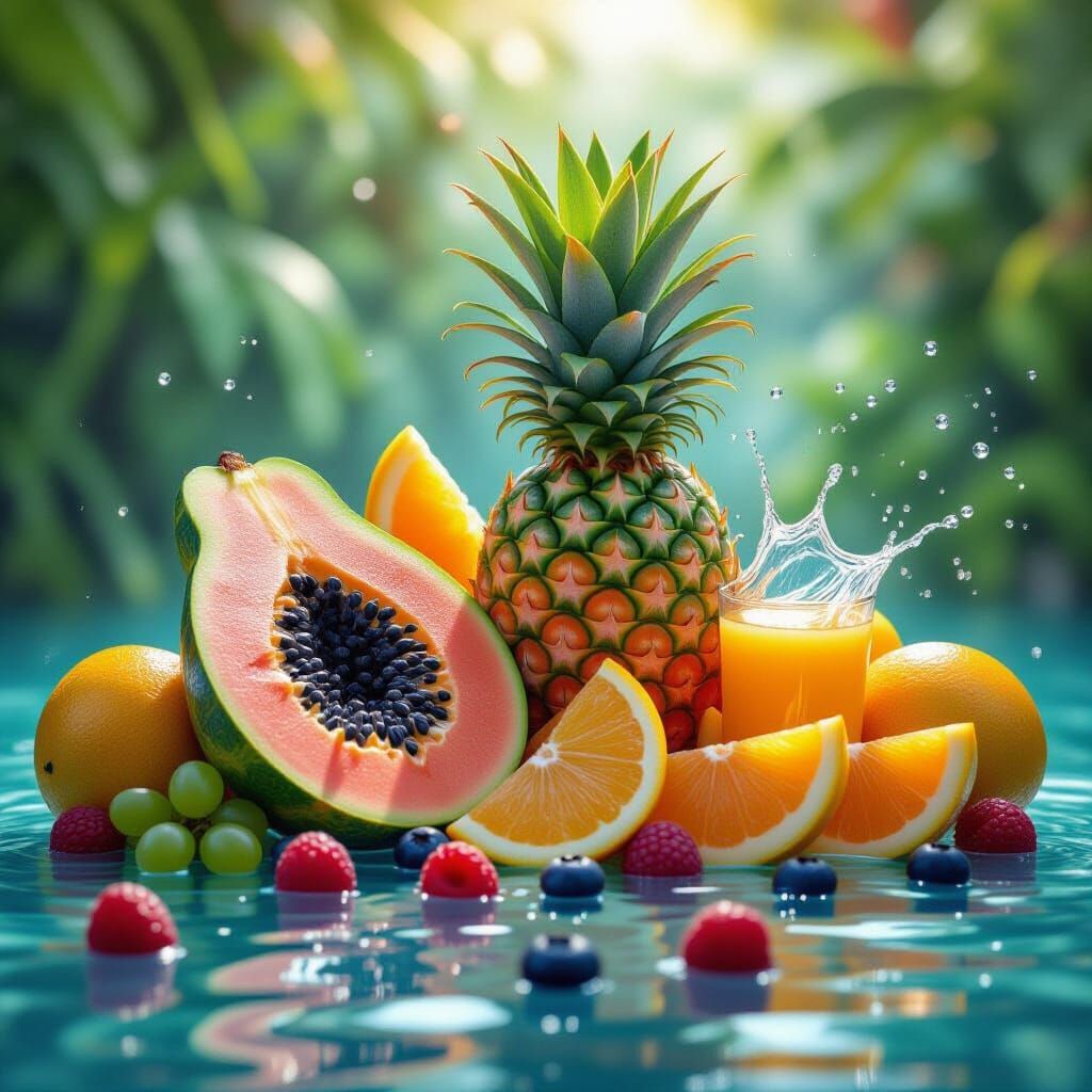 Glistening Tropical Fruits in a Modern Digital Art Style