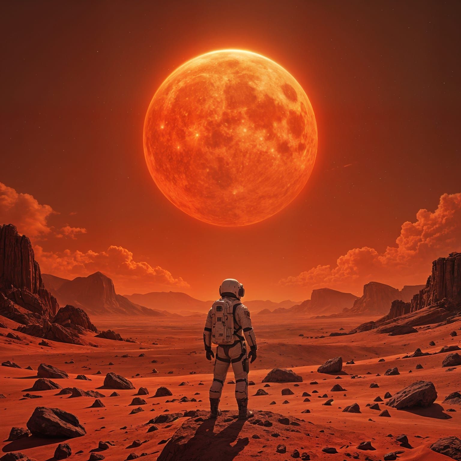 Astronaut on Mars Gazing at Red Sun, Hyperdetailed Art