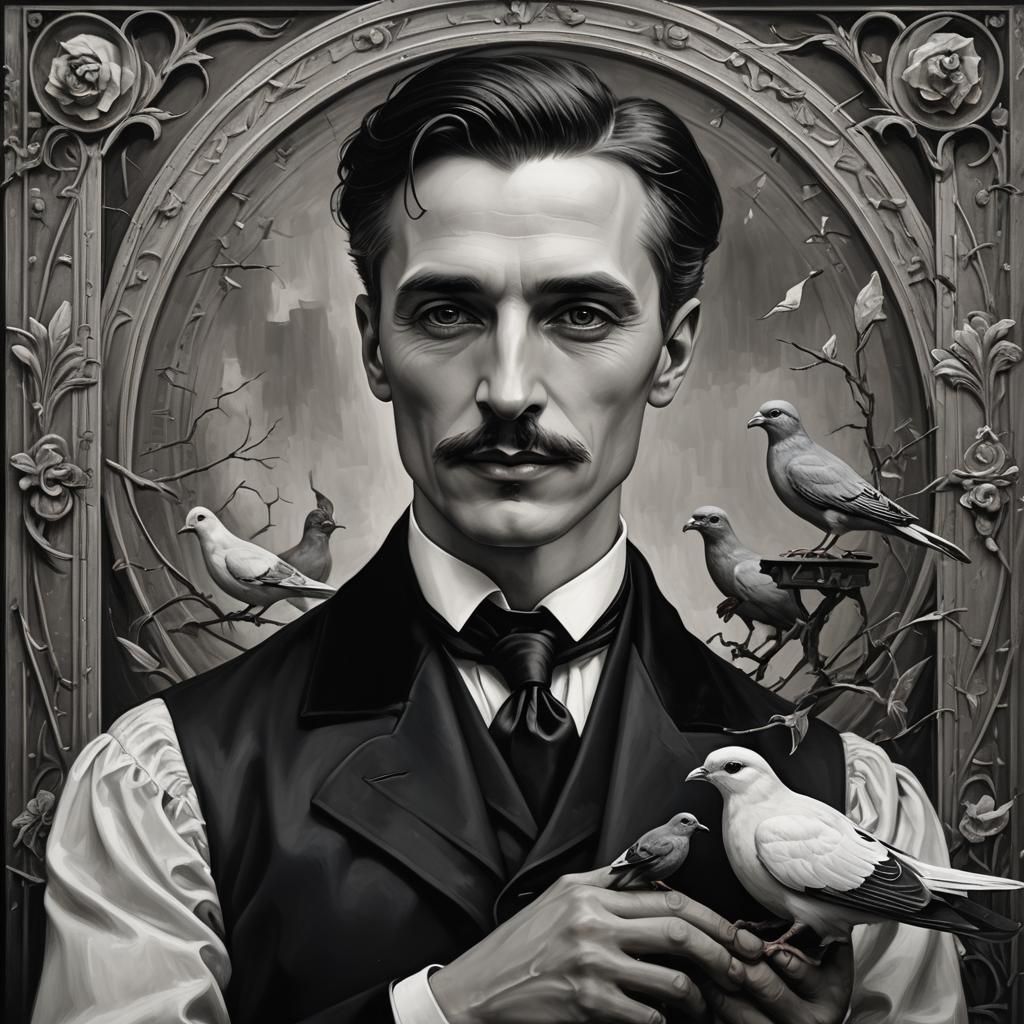 Nikola Tesla with pigeons