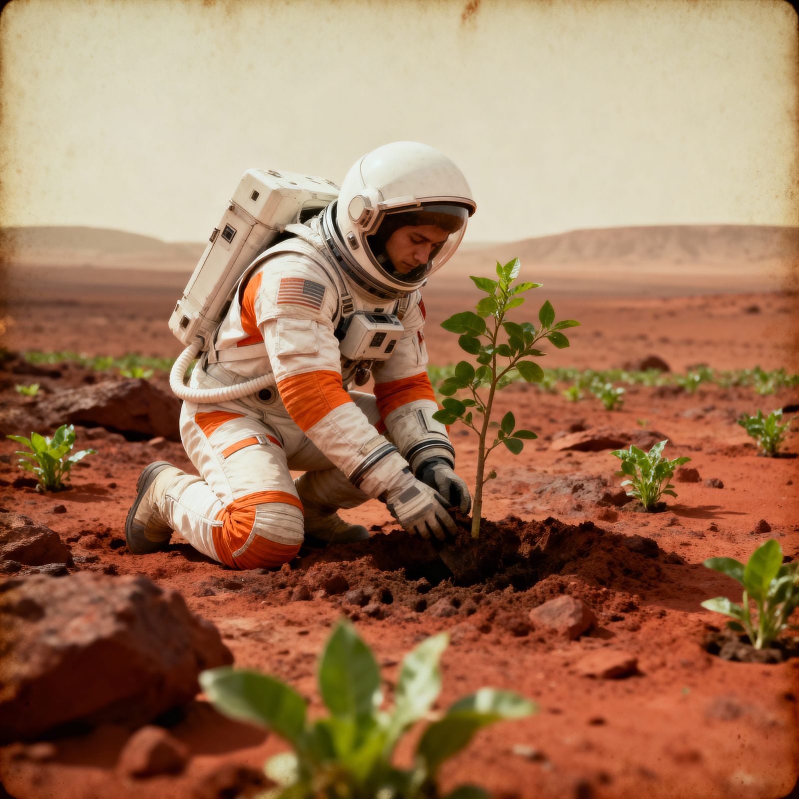 Astronaut Plants Sapling on Terraformed Mars