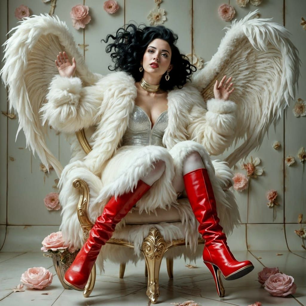 Surreal Woman in Feather Jacket and Silver Dress