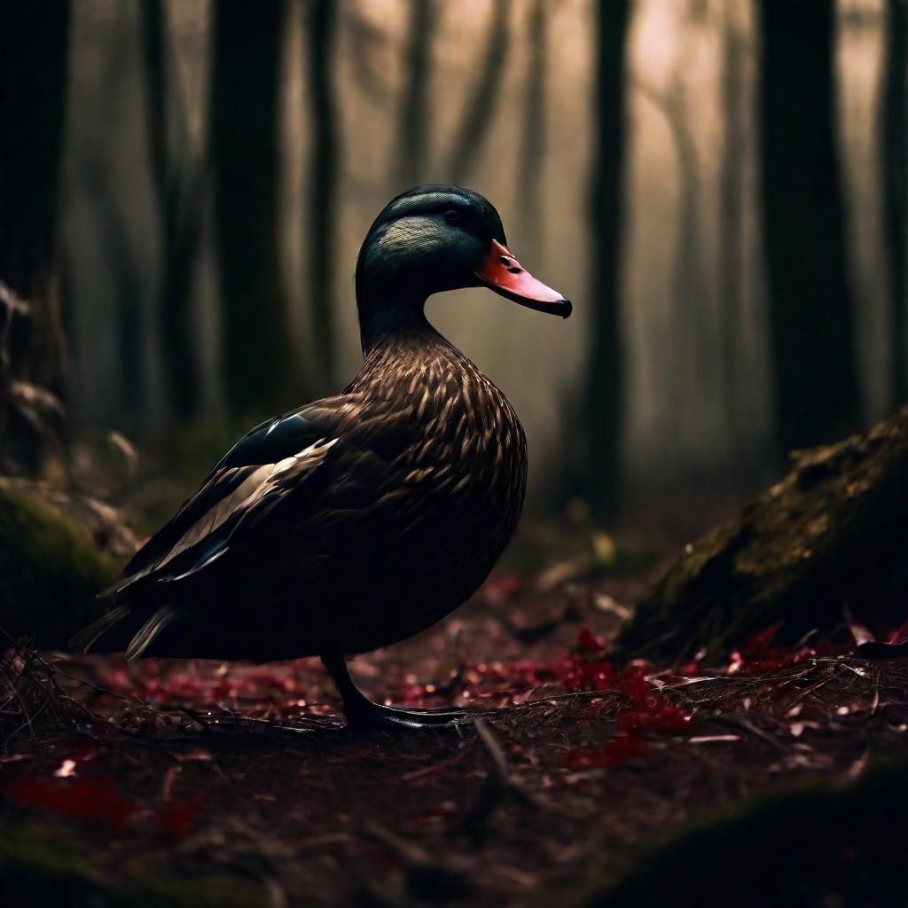 Dark Fantasy Duck with Knife in Eerie Forest