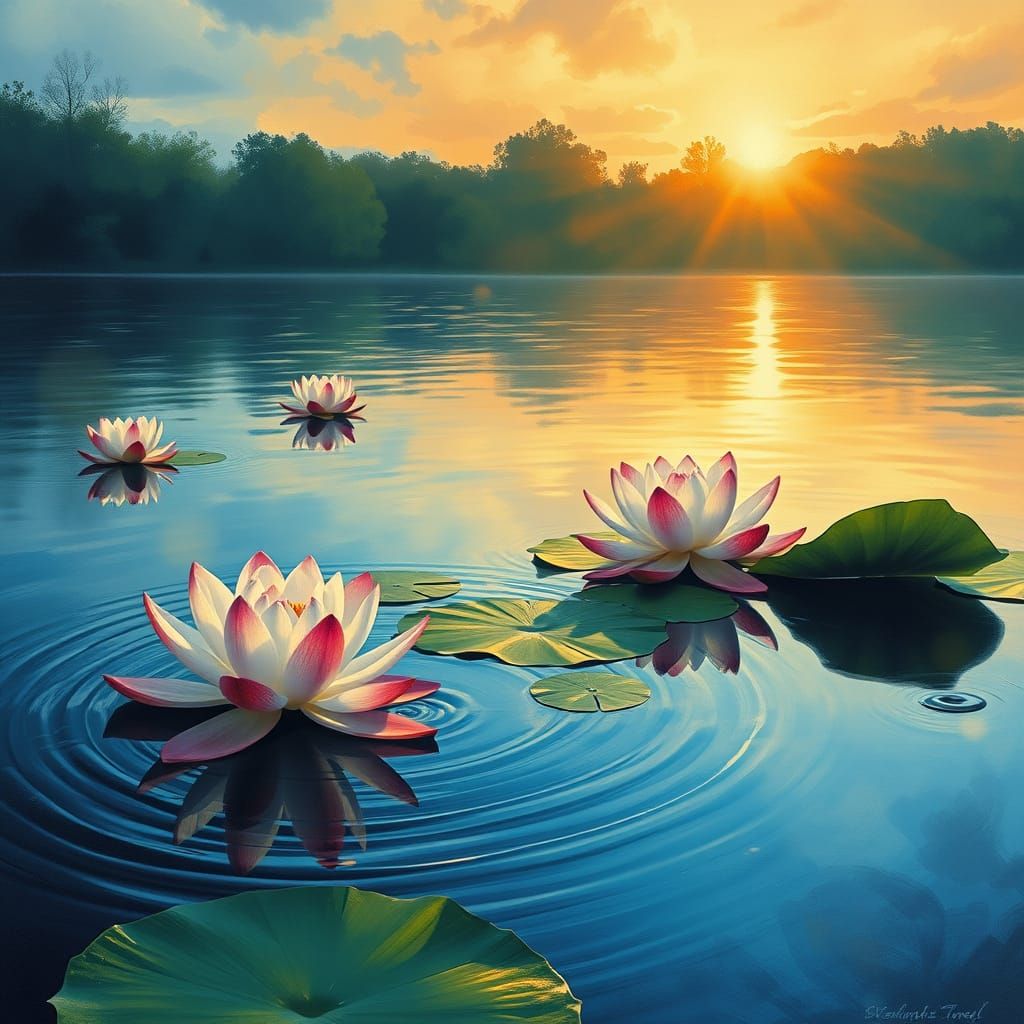 Lotus Flowers at Sunset in Gouache Style