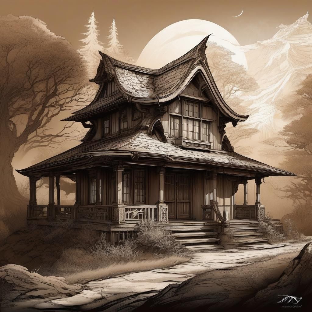 Mythic Cottage in Japanese Ink Art Style