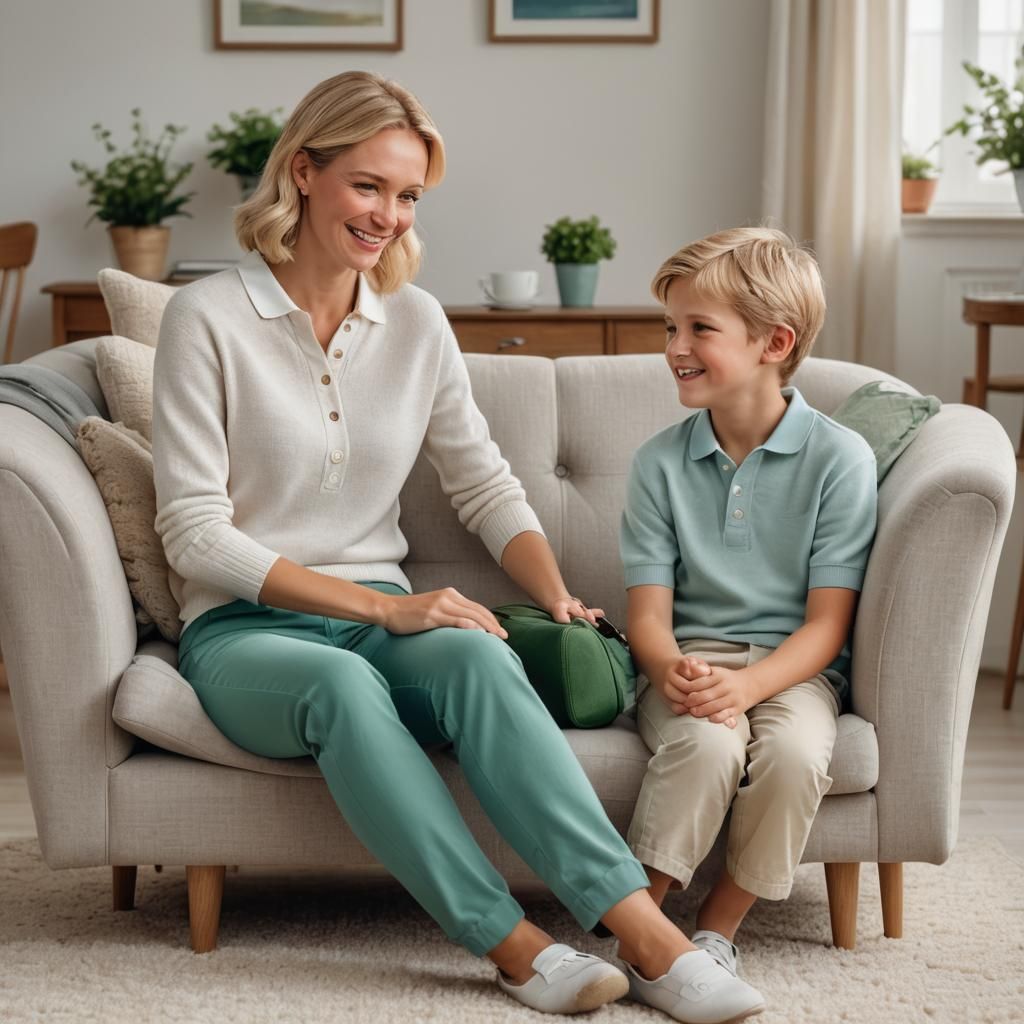 Realistic Portrait of Mother and Son in Living Room