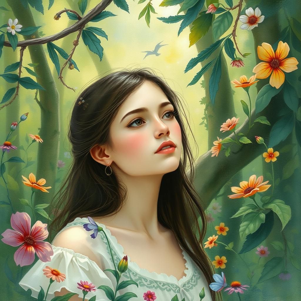Woman in Dreamlike Forest Glade, Fantasy Illustration