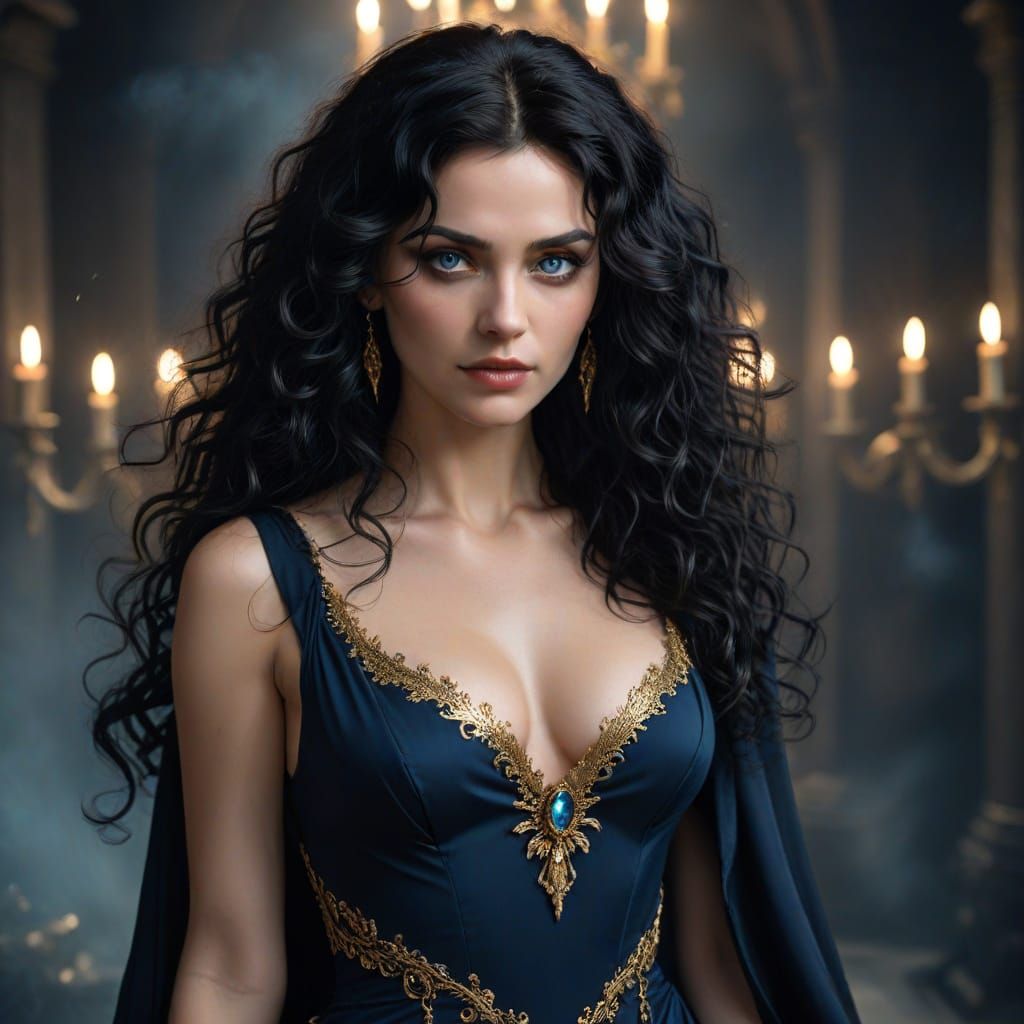 Ethereal Dark Fantasy Queen in Midnight Blue Gown