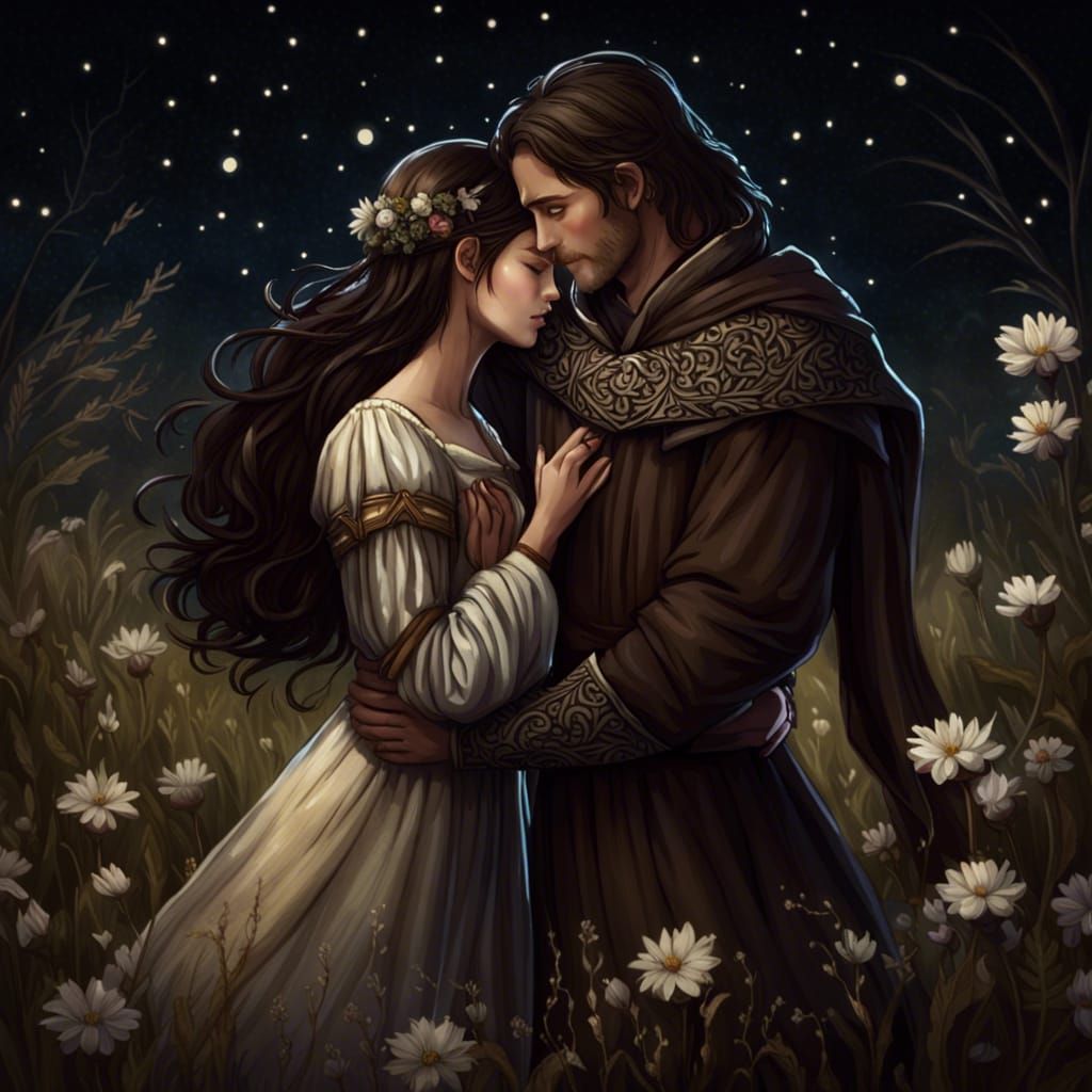Medieval Couple's Starlit Embrace: Detailed Concept Art