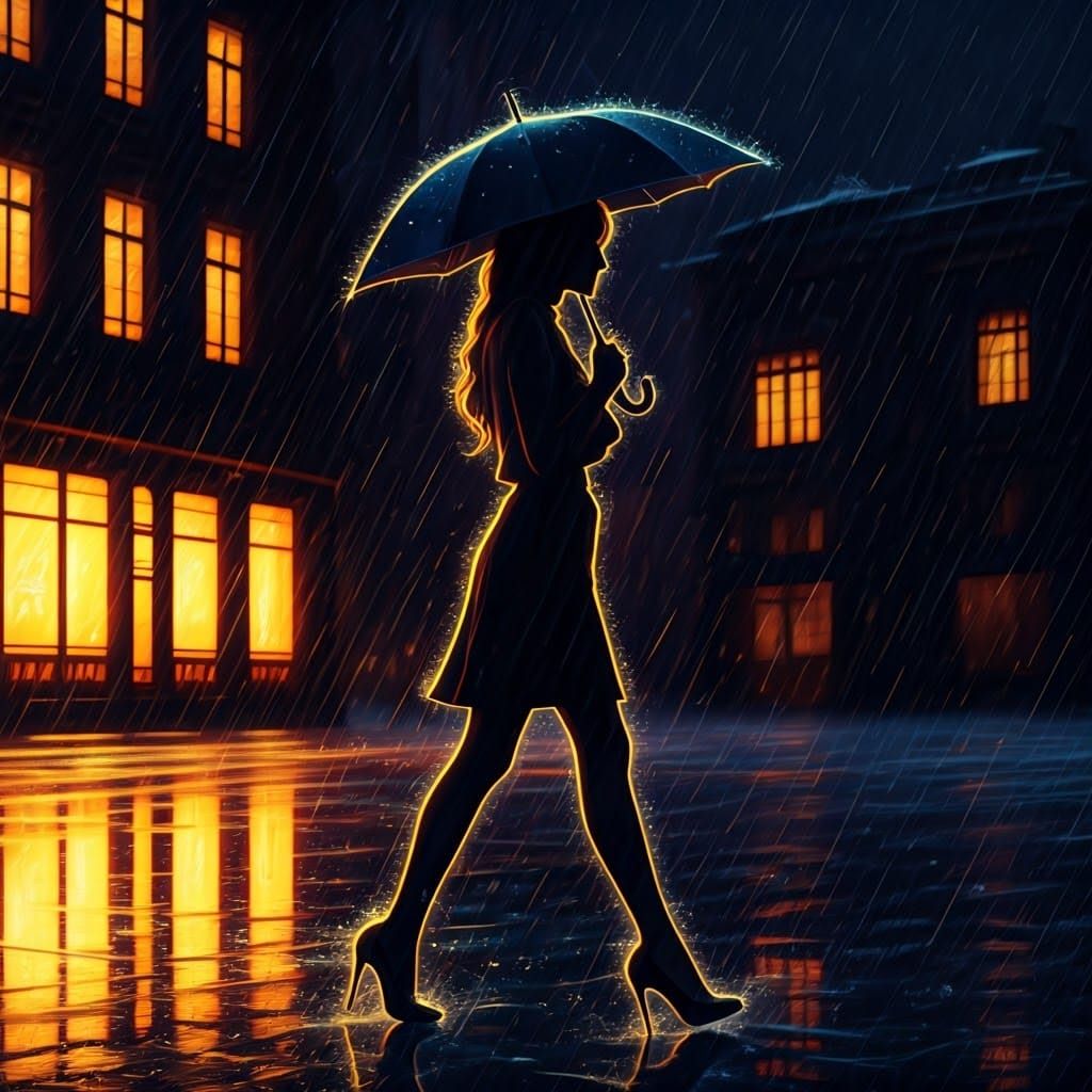 Woman Walking in Rain in Art Nouveau Style