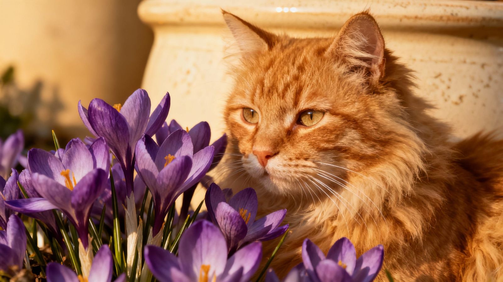 Fluffy Ginger Cat Among Saffron Flowers in Golden Hour Light