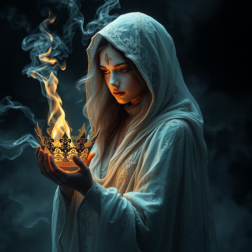 Surreal Smoke Goddess with Flaming Crown in Dreamlike Cyberp...