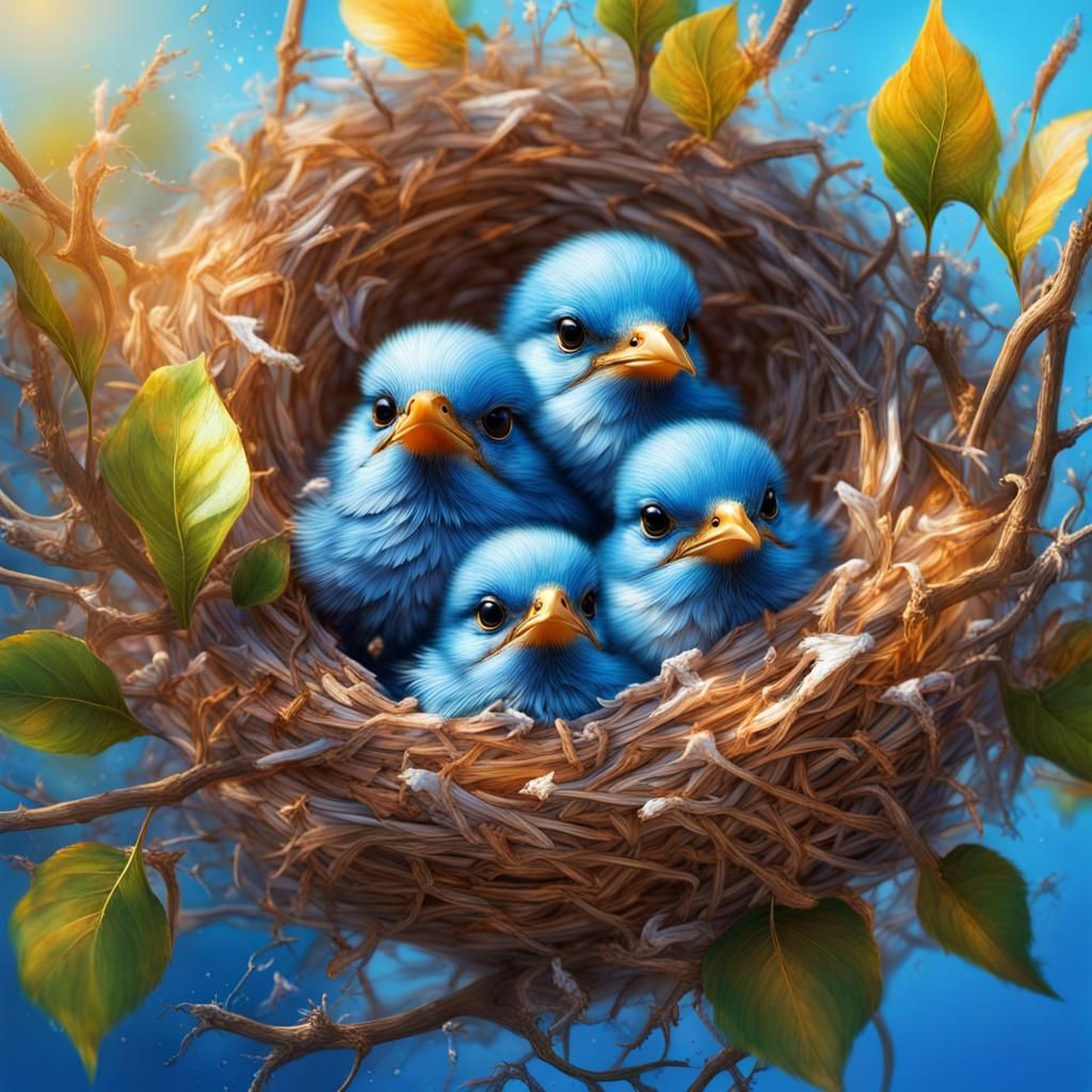 Hyperrealistic Blue Baby Birds in Sunny Nest