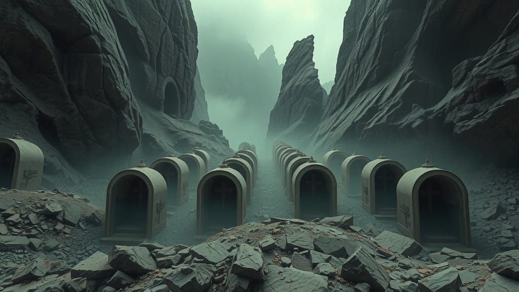 Ominous Valley of Crumbling Tombs in Beksiński Style