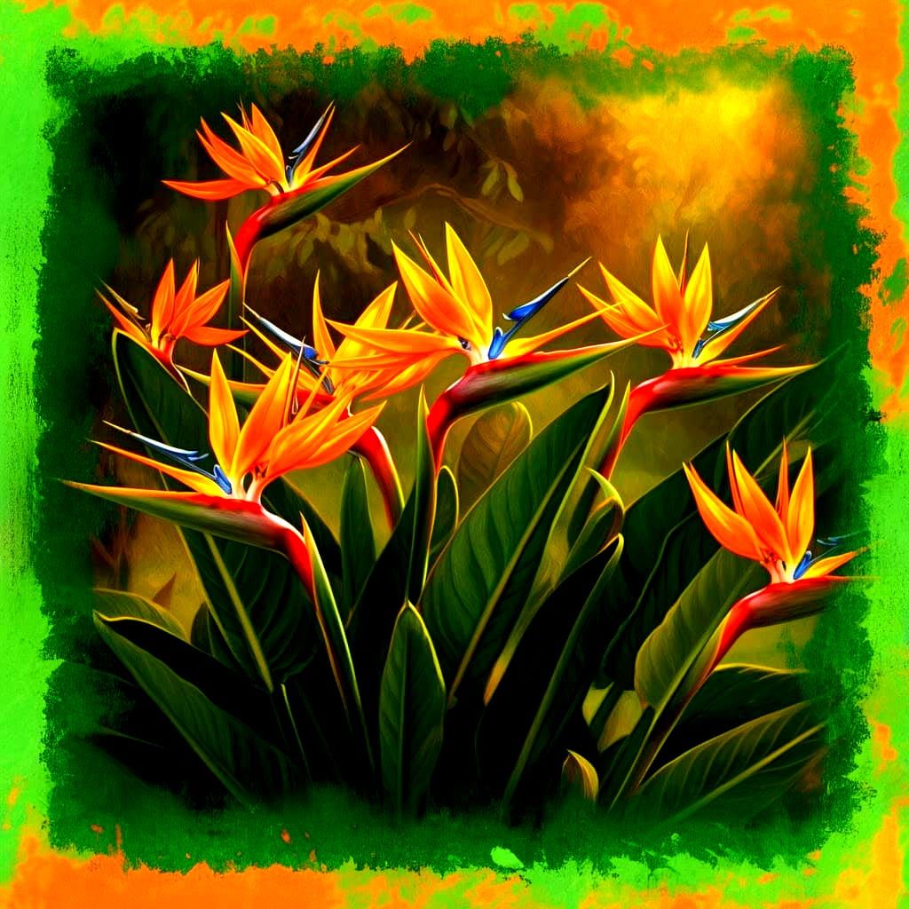 Vibrant Bird of Paradise Blooms in Whimsical Van Gogh Style