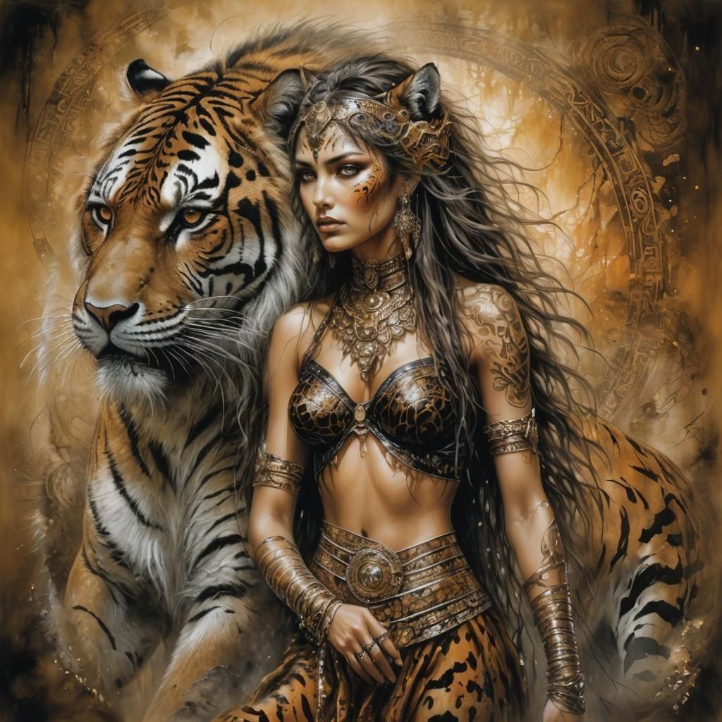A captivating artwork featuring a ((((full body shot)))) even portrait mystical woman adorned with jaw-dropping tiger sk...