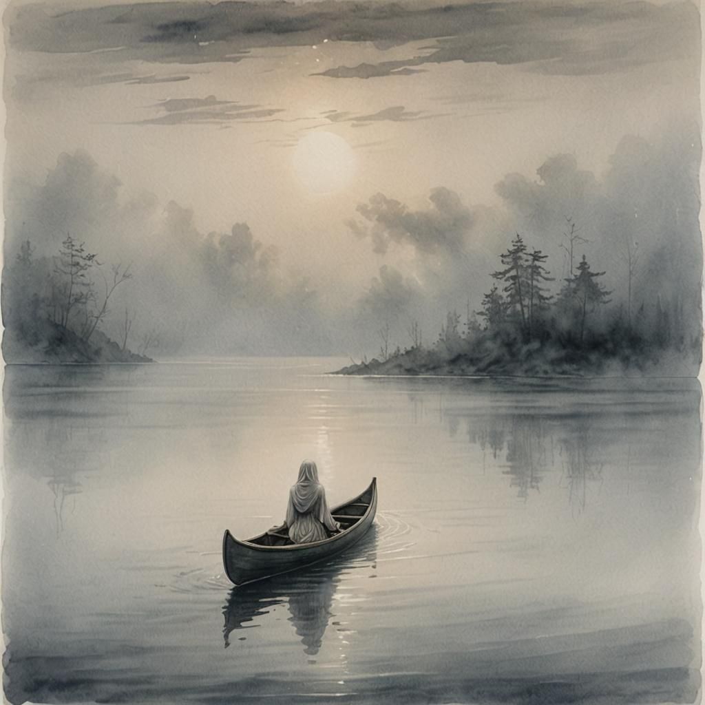 Ethereal Woman Drifting in Fog: Watercolor Painting