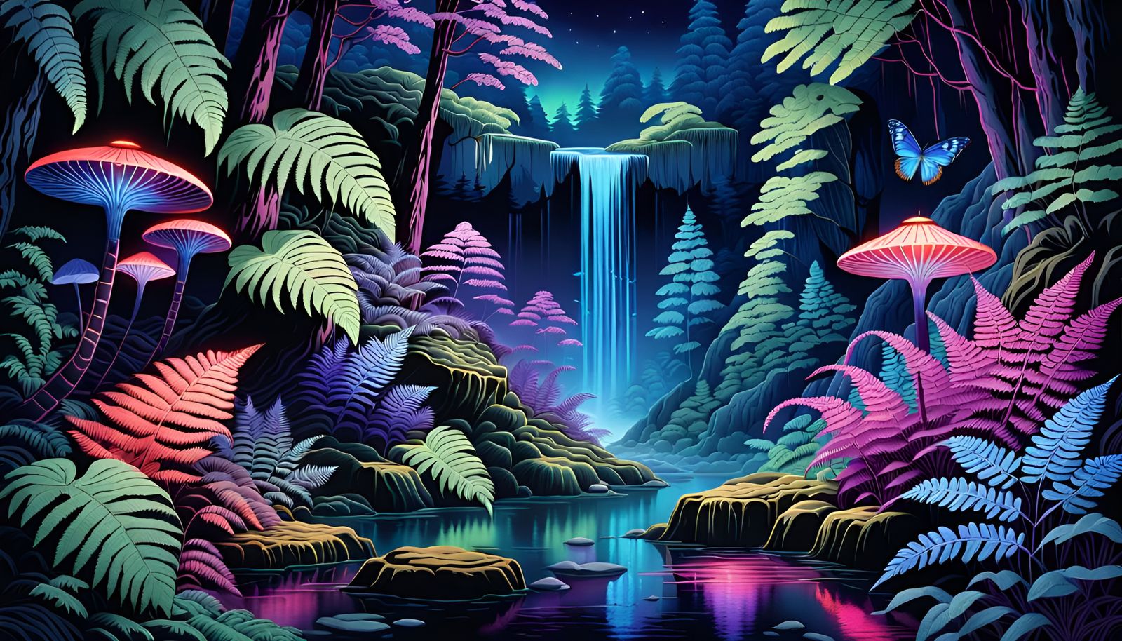 Glowing Animals in Fluorescent Forest at Night