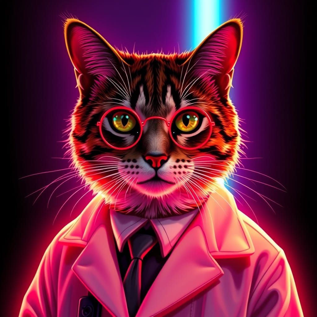 Cyberpunk Cat Doctor in Neon-Lit Cityscape