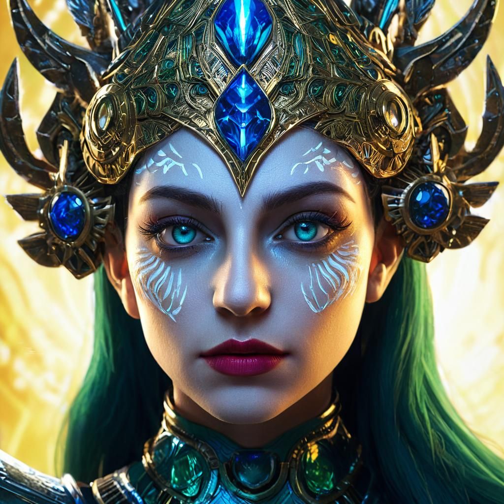 Mysterious Woman in Intricate Armor with Glowing Headdress