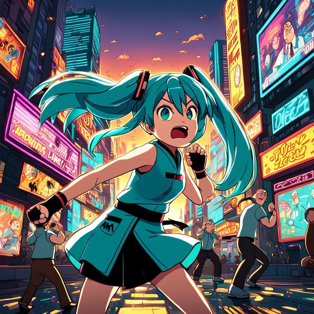 Hatsune Miku Battles Peter Griffin in a Neon Cityscape