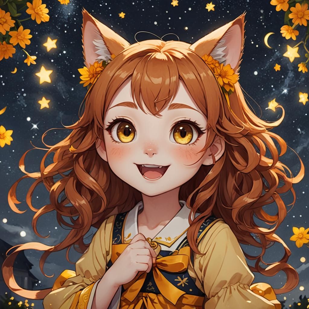Cute Chibi Catgirl with Marigolds and Starry Night