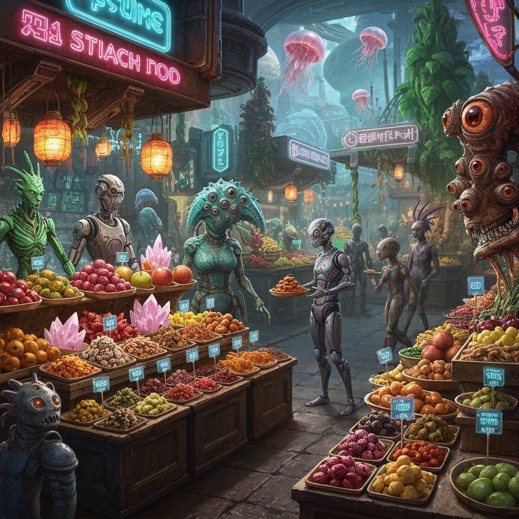 Bustling Alien Marketplace with Intergalactic Shoppers