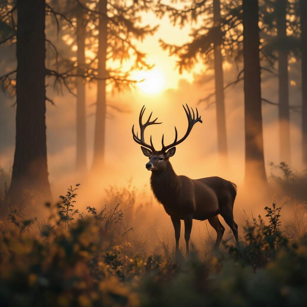 Majestic Stag in Misty Forest Sunrise