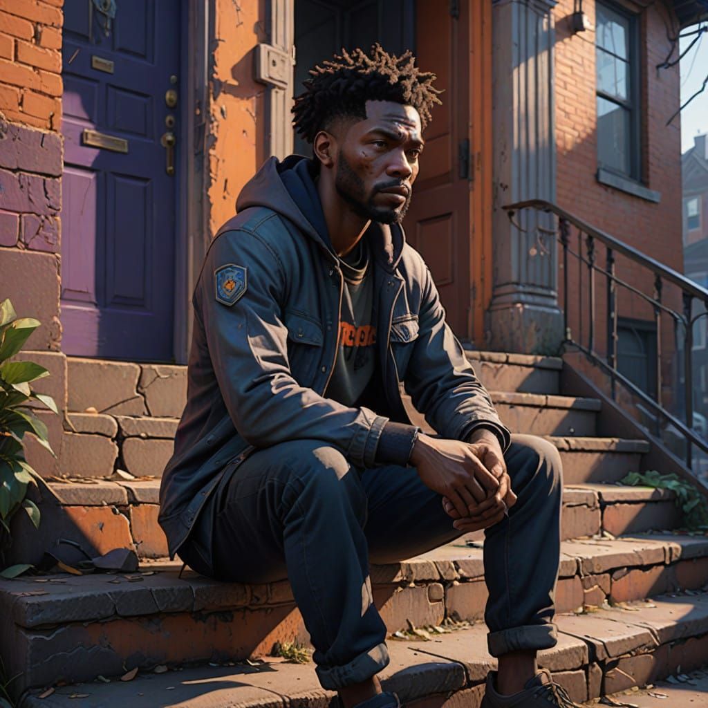 Weary African American Man on a Crumbling Stoop at Dusk, in...