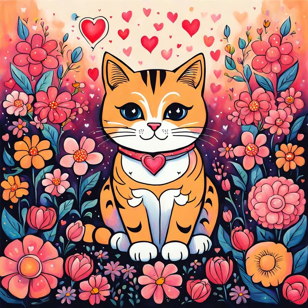 Cute Cat with Flowers Illustration