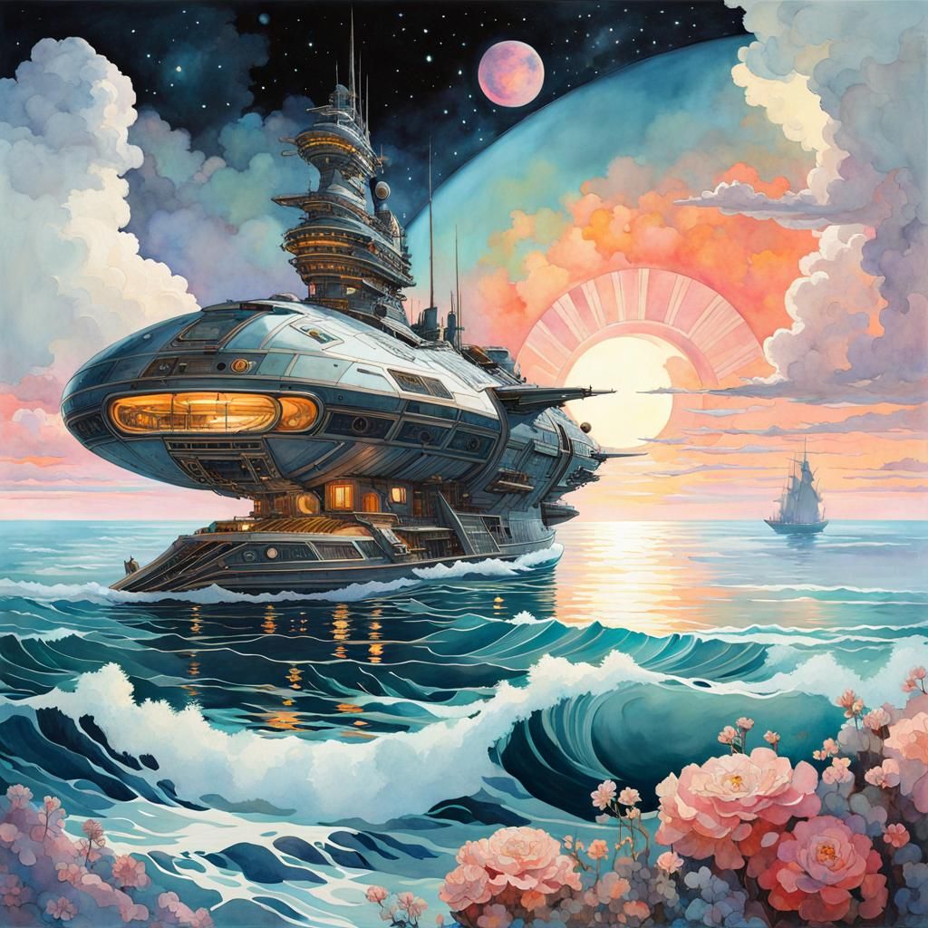 Futuristic Sci-Fi Ship in Watercolor Style