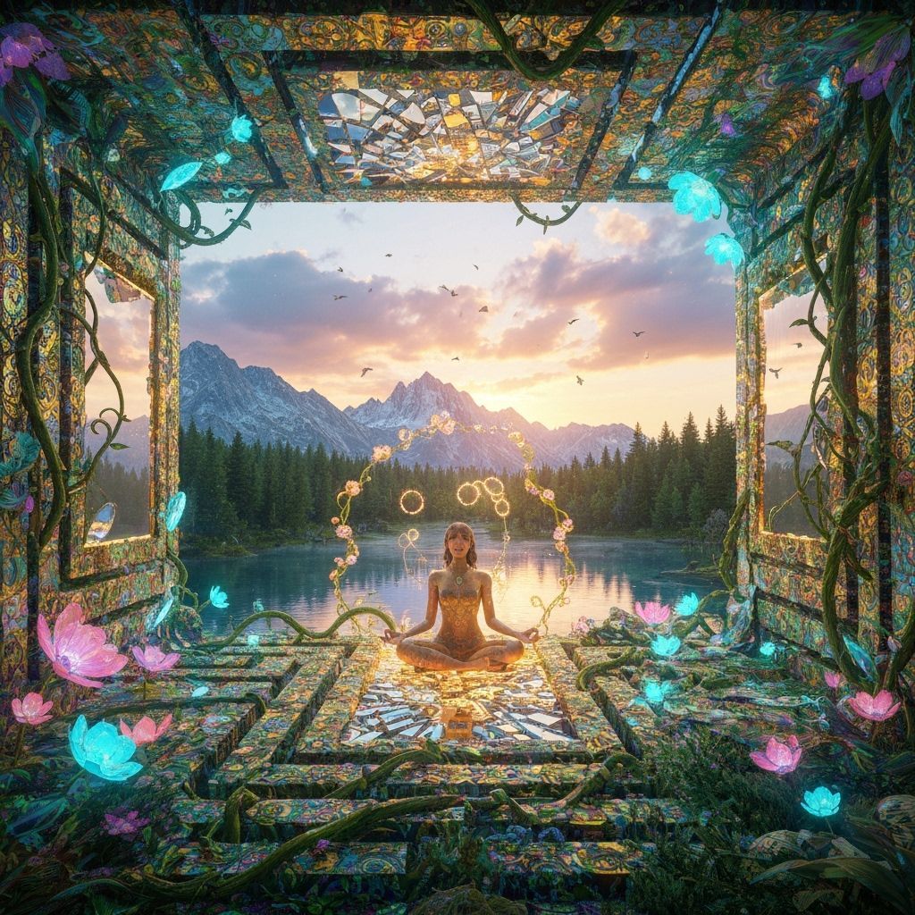 Mystical Woman Meditating in Labyrinth of Light